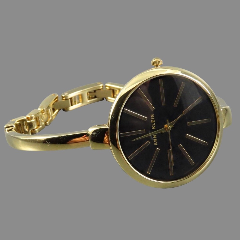 AK ANNE KLEIN Polished Gold Bangle Wrist Watch BLACK DIAL MINIMALIST Modernist